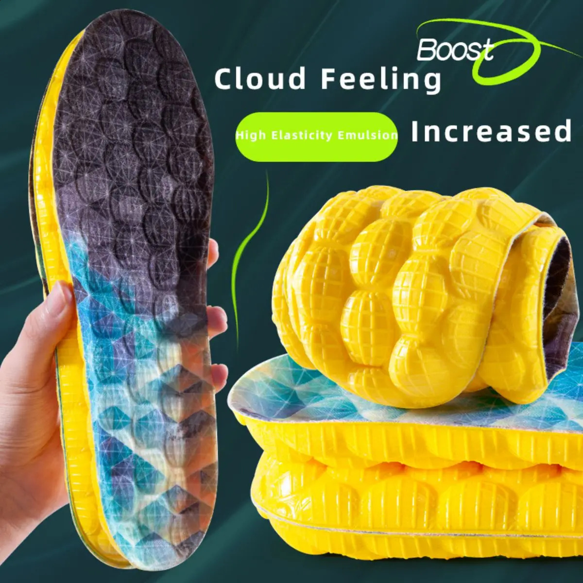 1Pair 4D Cloud Technology High Elasticity Sports Deodorizer Insole Yellow PU Sole Breathing Mens Running Insole 240903