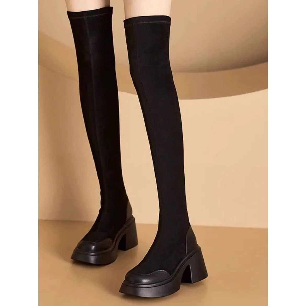 Long Knee High Martin Boots Leather For Women Bag Thigh Sponge Thick Soled Boots Fashionable High Cut High Heels Elastic Boots 240826