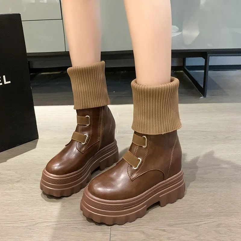 Platform Women Gothic Elastic New Band Wedges Boots Frosted Leather Thick Sole Punk Internal Increated Short Botas Mujer