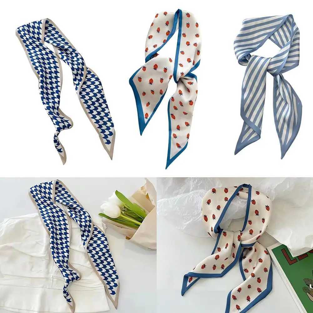 Blue small silk scarf fashionable small Nroken floral decoration tie bag hair tie silk scarf decoration accessories X250319