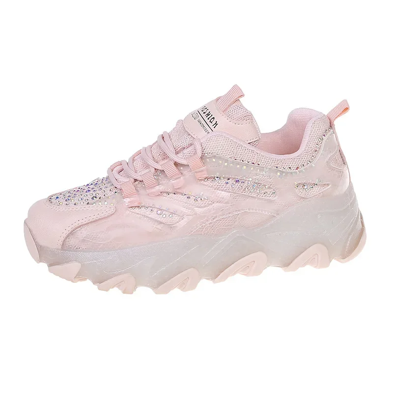 Rhinestone Shoes Woman Sneakers Summer Mesh Breathable Casual Platform Shoes Female Running Sports Vulcanize Wedges Shoes