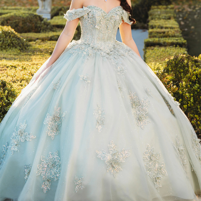 Light Green Sparkly Quinceanera Dresses Ball Gown Off The Shoulder Lace Applique Beading Tull Birthday Party Corset Sweet 16 Vestidos De 15 Anos