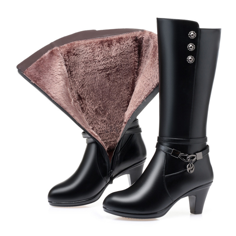 2024 New Winter Footwear Genuine Leather Women's Boots Fashion Chain Wool Warm Boots Women High Heel Riding Boots Shoes Women