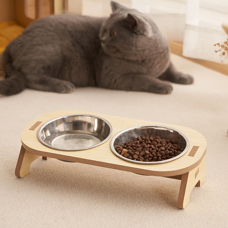 Cat Double Bowl Becoming Cat and Child Bowl Anti Overturning Cat Food Bowl Stainless Steel Pet Bowl Wooden Stand Small and Mediu