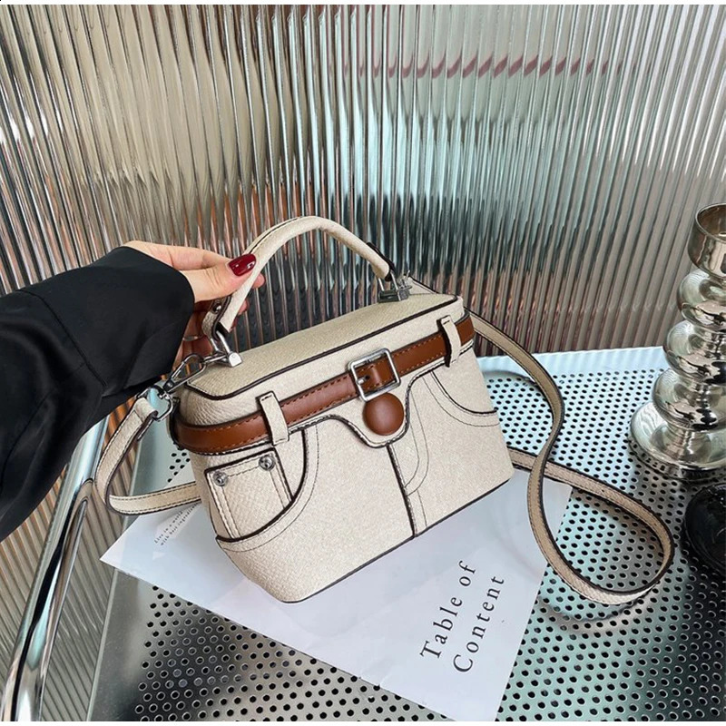 Blue Denim Women Bag Black High Quality Brown Belt Pants Shaped Tote Bag Denim Box Bag Color Contrast Crossbody Bag 240902