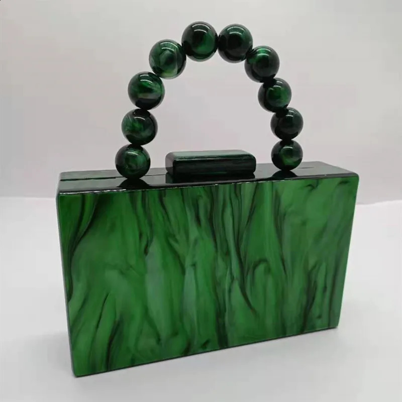 18X11 cm With Bead Chain Pearl Green Marbel Womens Acrylic Evening Party Clutch Handbag er Perspex Purse for Wedding Party 240903