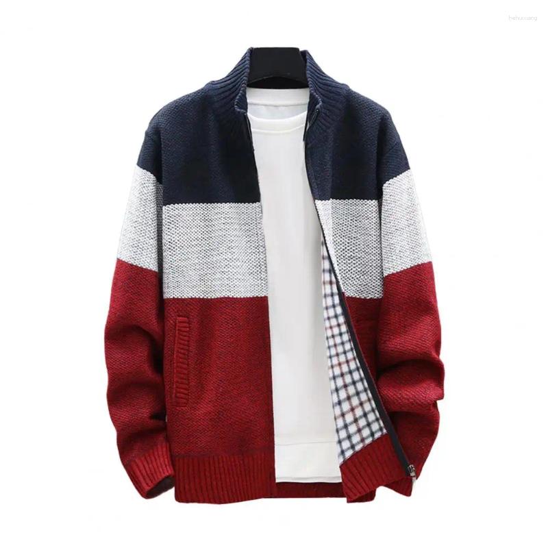 Men's Sweaters, Zip-Up Knitted Coat With Plush Ing, Stand Collar, Color Block Design, Daily Casual Outwear