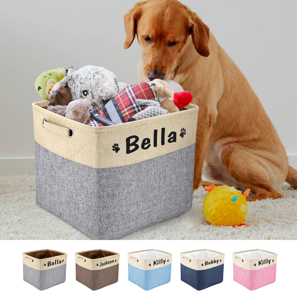 Custom Pet Toy Storage Box Jute Dog Cat Storage Container Foldable Storage Bag Baskey Free Dog Name Printing For Dogs Cats