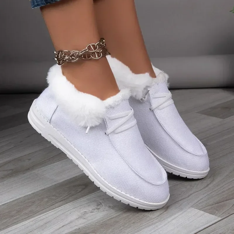 Lace Women's Up Flats Slip-on Ladies Elegant New Winter with Fur Plush Flat Loafers Casual Warm Cotton Shoes 5563