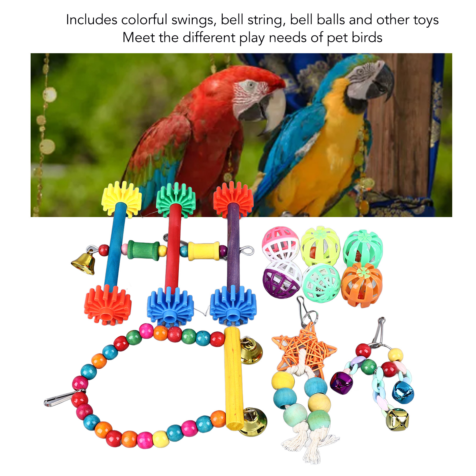 Colorful Bird Toy Set, Climbing, Chewing, Swing, Bell, String, Ball, Parrot Cage, Toys for Parakeet, Cockatiel