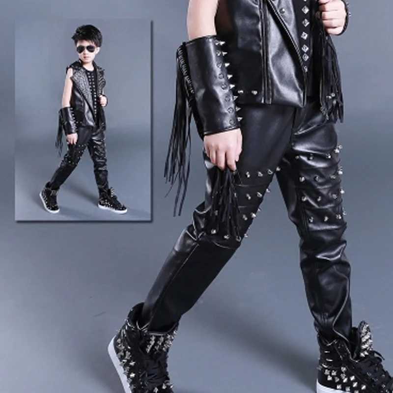 Men's Pants Boy Black Leather Rivet Pants Street Dance Costume Walkway Drum Hip Hop Dance Costume Childrens Singer Trouser Stage Costume DNV15221