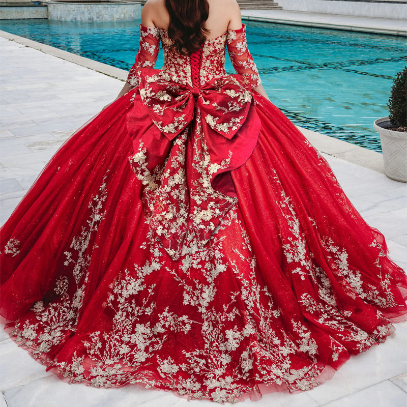 Red Shiny Princess Quinceanera Dresses Ball Gown Off The Shoulder Applique Lace Bow Tull Corset Sweet 16 Dress Vestidos 15 De XV Anos
