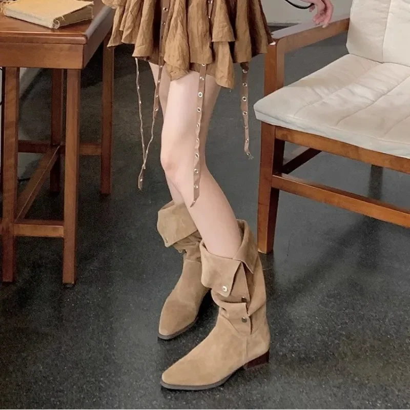 Women Retro Pleated Knee Cowboy 2024 Autumn High Heels Pointed Toe Thick Heeled Western Boots Woman Long Botas a427