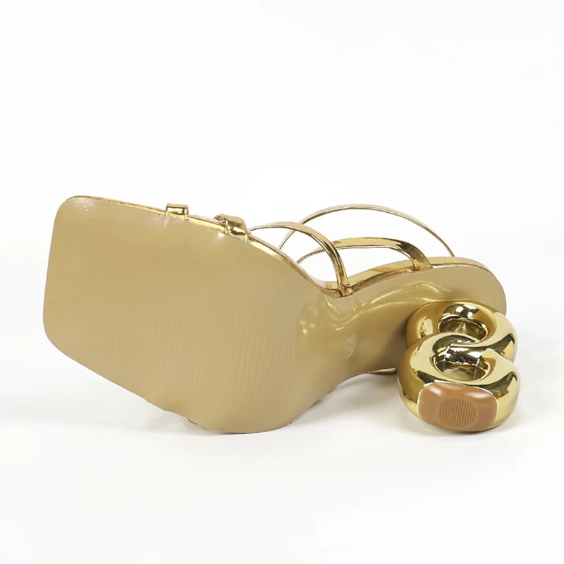 2025 new Golden Eilyken Fashion Narrow Band Square Toe Women's Sandals Designer Fretwork High Heels Ankle Buckle Strap Ladies Shoes 4669