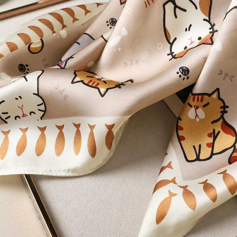 2024 Design Fashion Square Silk Scarf Wenfa Cat Printed Small Satin Shawl Foard Collar Fem Banda X250319