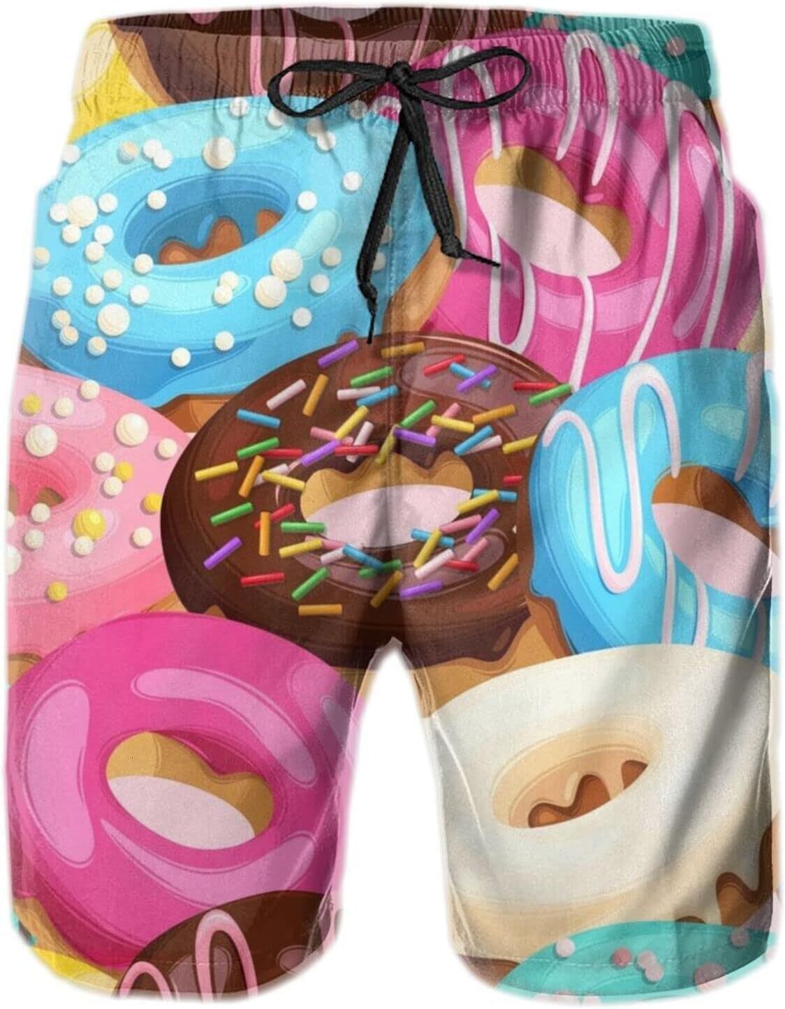 Mens Shorts 3D Printed Pattern Funny Donuts Swim Trunks Quick Dry Fashion Beach Board Swimwear