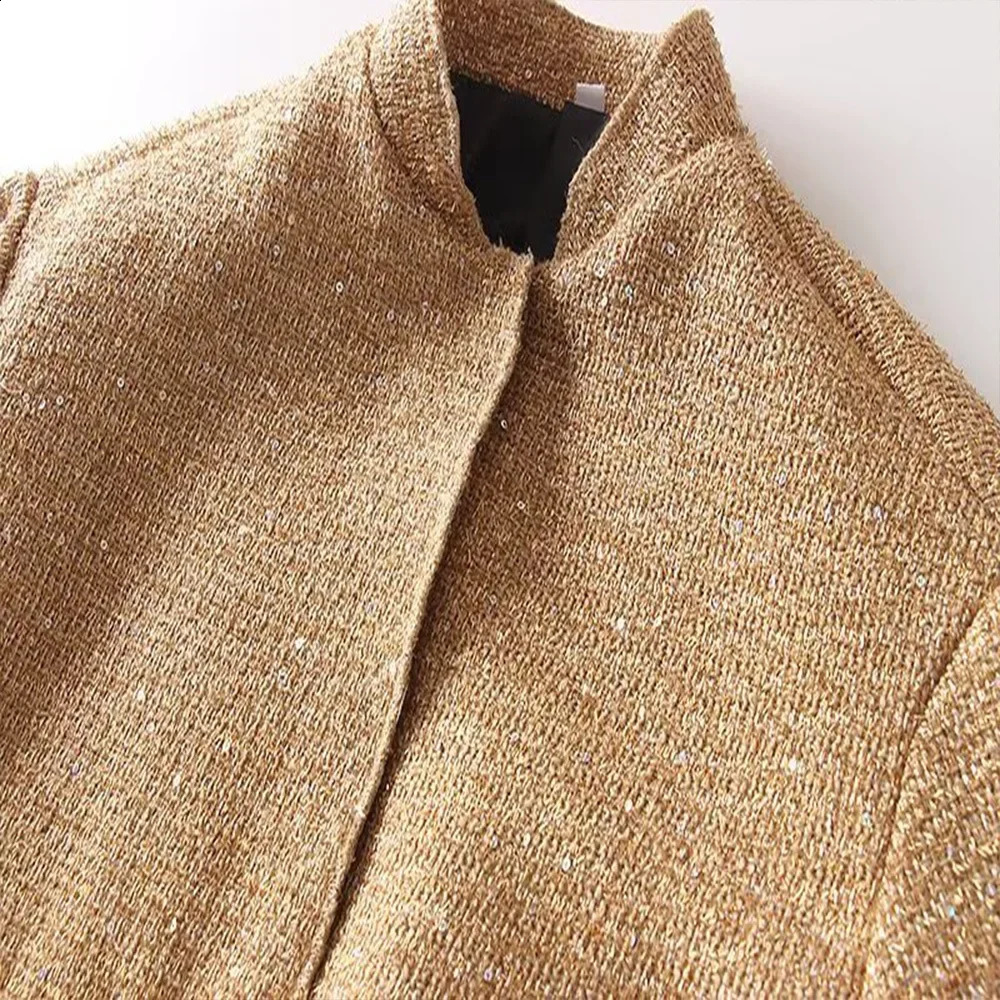 2024 Autumn Sequins Golden Loose Jacket for Women Sparkle Long Sleeve Casual Bomber with Pockets Female Fashion Coats 240903