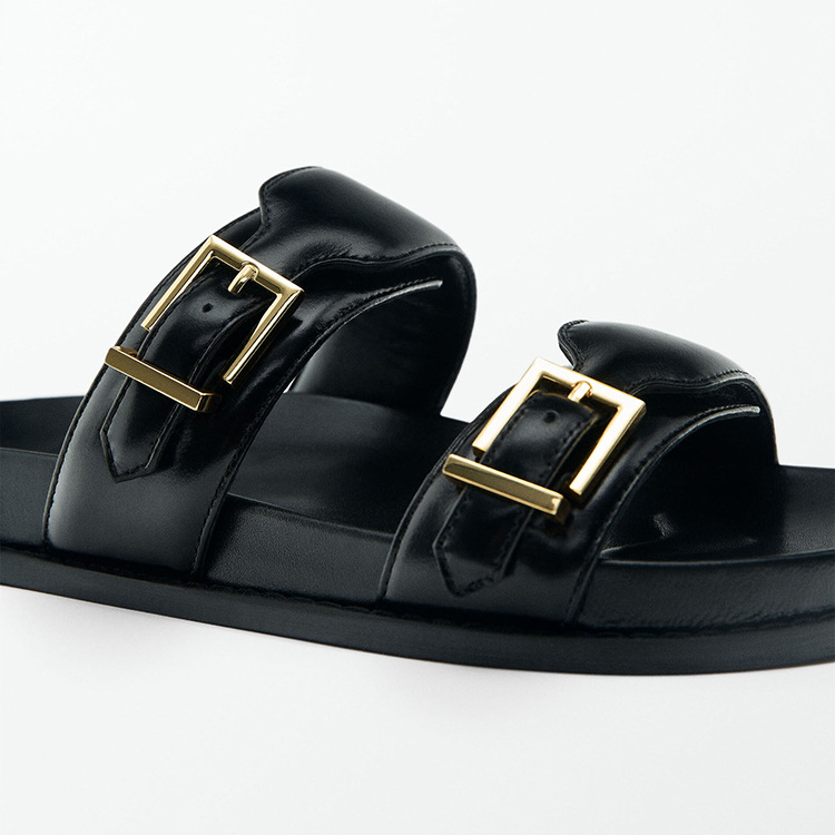 2024 Black Flat Slippers For Woman Summer Women Fashion Buckle Strap Slipper New Casual Chic Indoor Flatform Sandals Shoes
