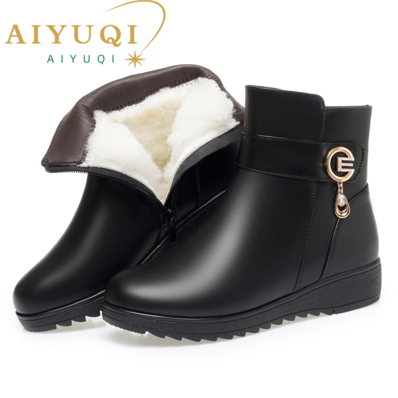 AIYUQI Snow Boots For Women 2024 New Genuine Leather Warm Wool Winter Boots forfemale Flat Bottom Large Size Non slip Mom Bots