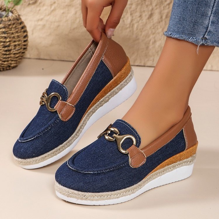 Large size womens 2024 summer new style metal buckle round toe flat casual cloth single shoes 36-42