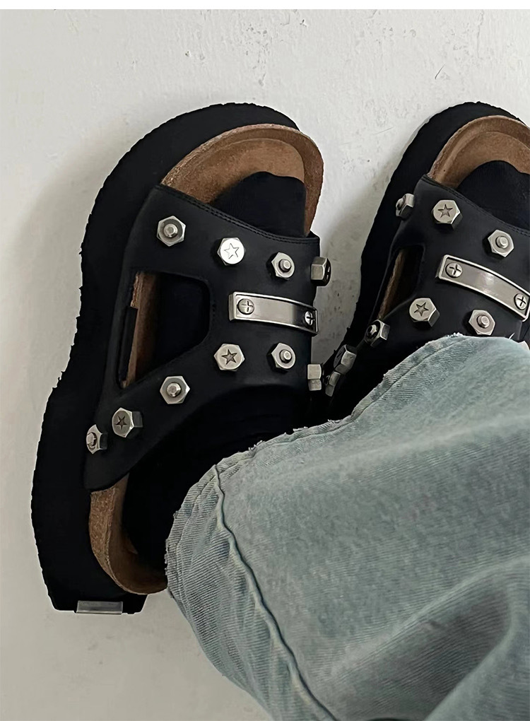 Rock Punk Summer Women Rivets Platform Leather Mules Creative Metal Fittings Slippers Female Casual Sandals Shoe Slides ddcd