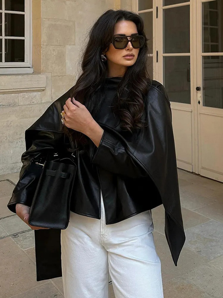 Fashion Pu Leather Cloak Shawl Collar Jacket Elegant Solid Long Sleeves Demiseason For Women 2024 High Streetwear 240903