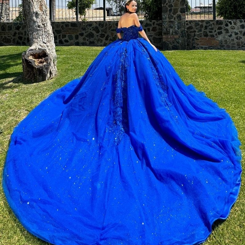 Royal Blue Shiny Ball Gown Quinceanera Dresses Off The Shoulder Appliques Lace Beads Tul Birthday Party Vestido De 15 Anos Sweet 16 Dress