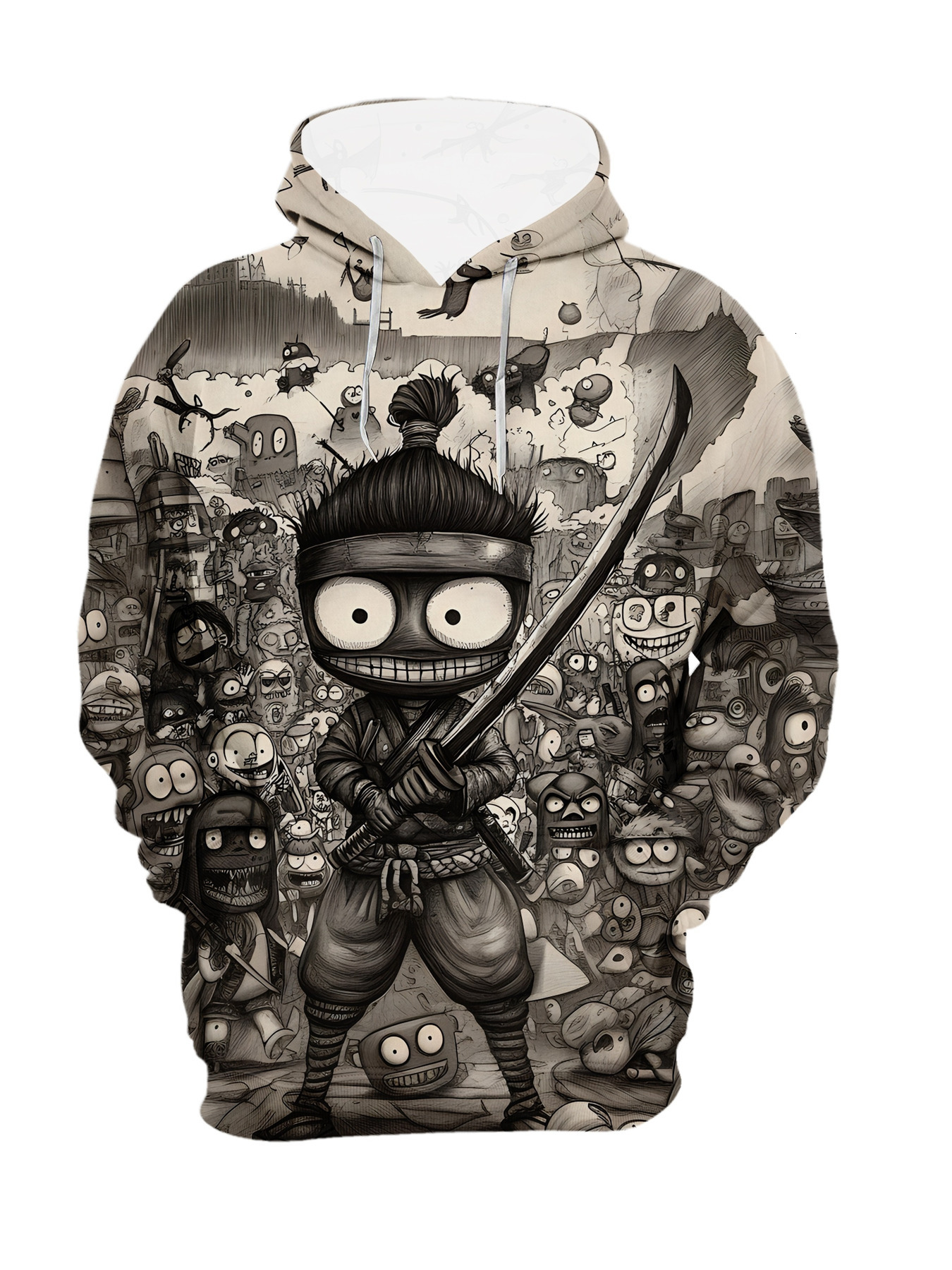 Vintage Cartoon Ninja Warrior Print Hooded Sweatshirt for Men, 100% Polyester Knit Fabric, Long Sleeve Regular Fit Hoodie with Slight Stretch - Casual