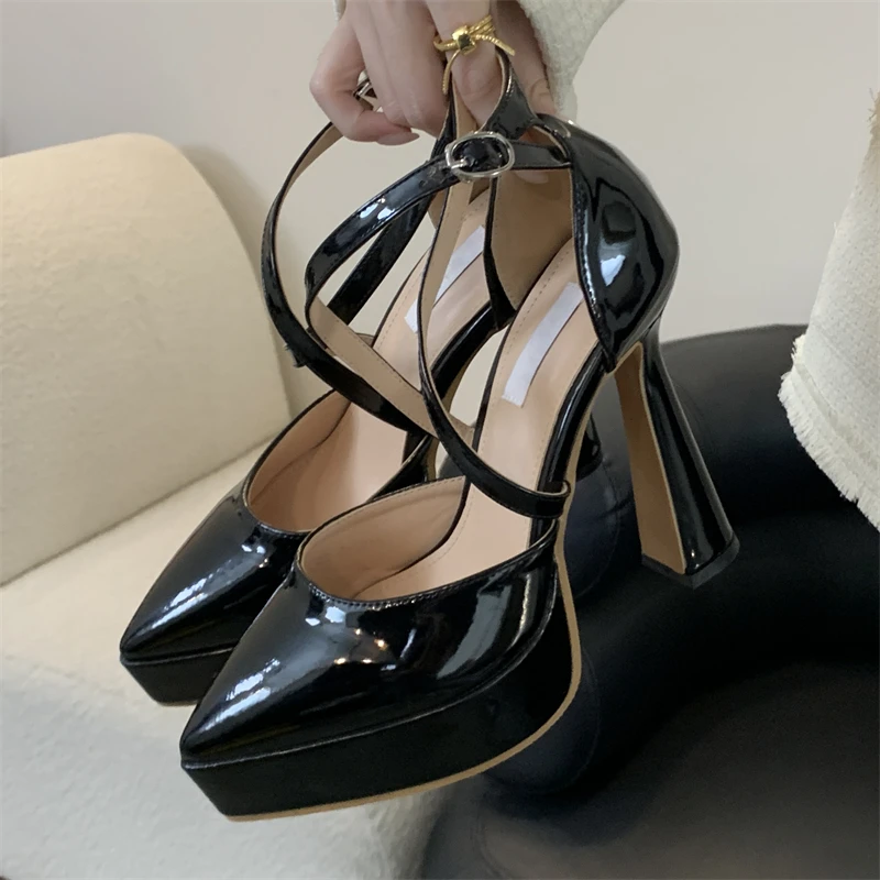 Eilyken Women Pumps Platform Buckle Strap Sandals Fashion Patent Leather Pointed Toe High Heels Nightclub Shoes 35a6