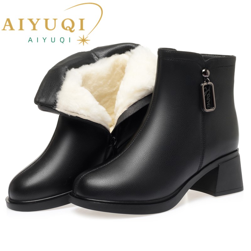 AIYUQI Winter Boots Women 2024 New Genuine Leather Women Ankle Boots Mid Heel Wool Warm Women's Dress Boots