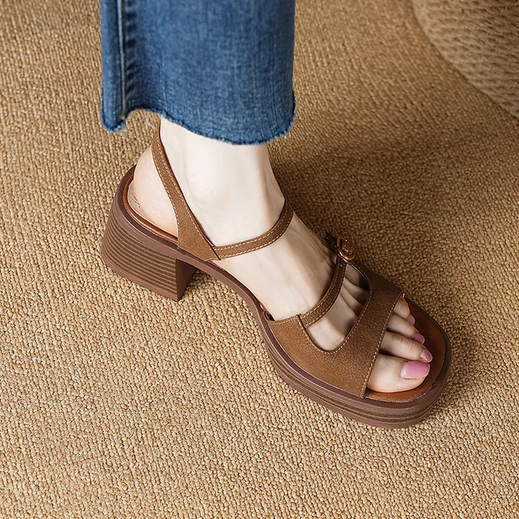 Sandals Women Handmade Vintage Square Toe Tuckle Strap Shoes New Lady Summer Beach Casual Pumps 2024 9807