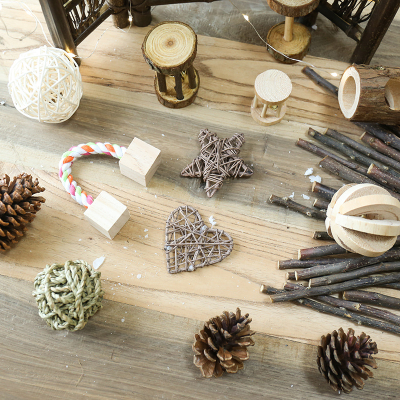 Hamster Chew Toy Set Natural Wooden Hamster Bell Roller Toys Accessories for Cage Guinea Pig Chew Toy Teeth Small Animal Toy