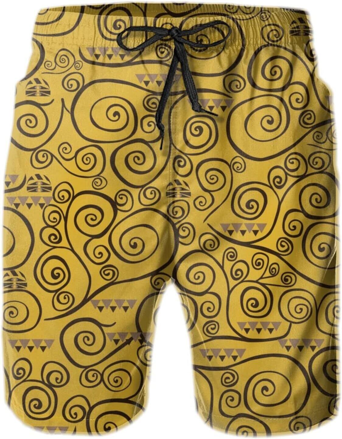 Mens Shorts 3D Printed Pattern Yellow Abstract Swirl Swim Trunks Quick Dry Fashion Beach Board Swimwear