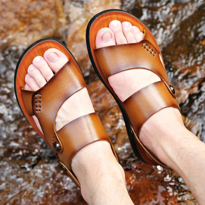 Classic New Men's Sandals Genuine Leather Sandals for Men Outdoor Beach Slippers Leather Shoes 2024 Sandalias De Hombre