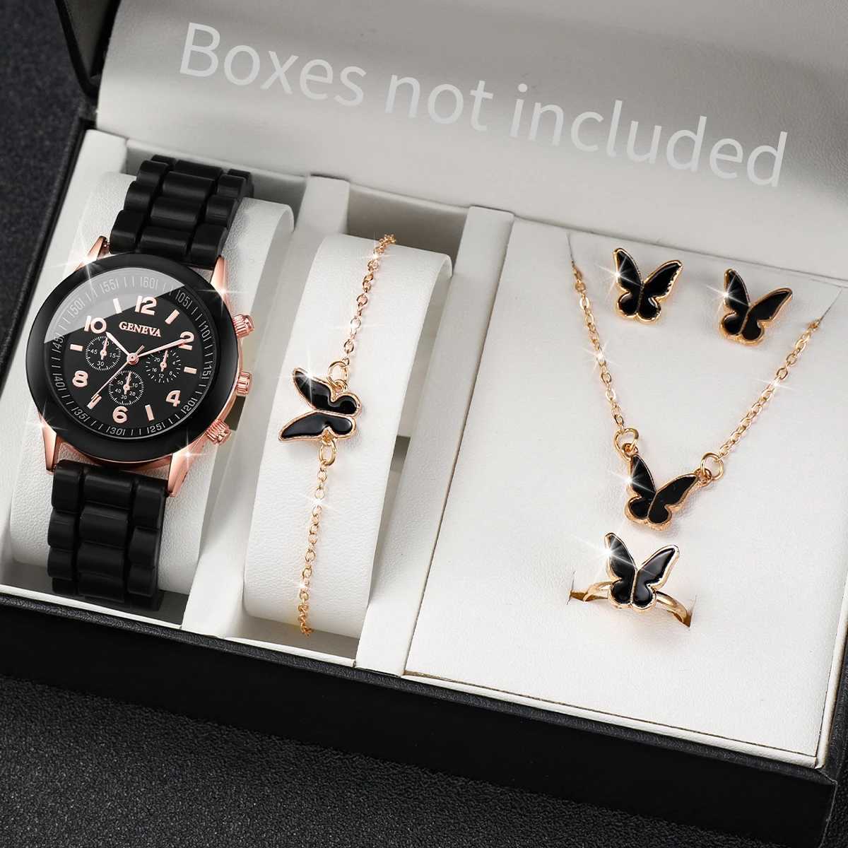 5 pieces/set Geneva womens watch fashion silicone strap quartz watch butterfly jewelry set (no box) W240902