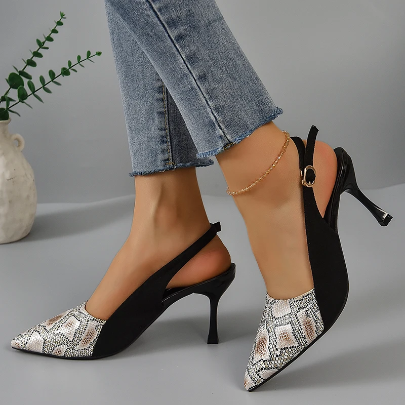 2025 new High New Heels Mules Sandals Women Fashion Snake Pattern Thin Heeled Shoes Woman Back Strap Pointed Toe Sandalias 8b66