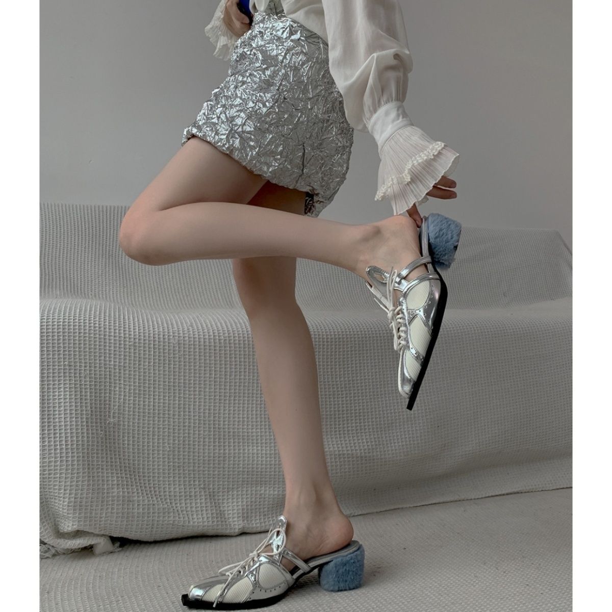 Pointed Muller ToeMetal Chain Fashion Office Ladies High New Heels Low Heel Slippers Women's Shoes Summer 2022