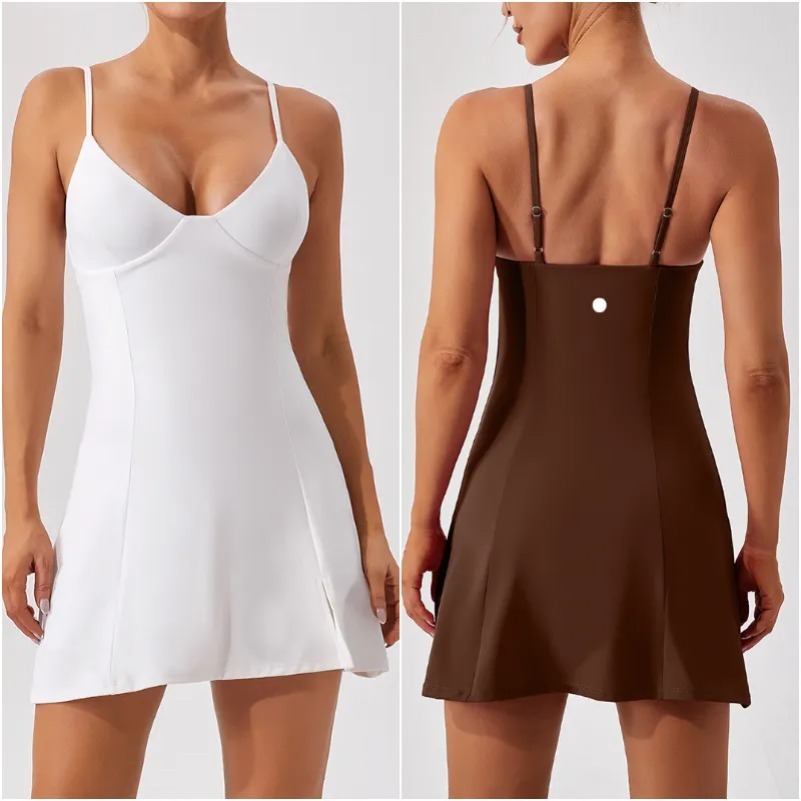 LM995 Womens Tennis Dresses Yoga Vestido Outfit Ladies Cheerleaders One Piece Dress Running Sleeveless Pants Lining gym set