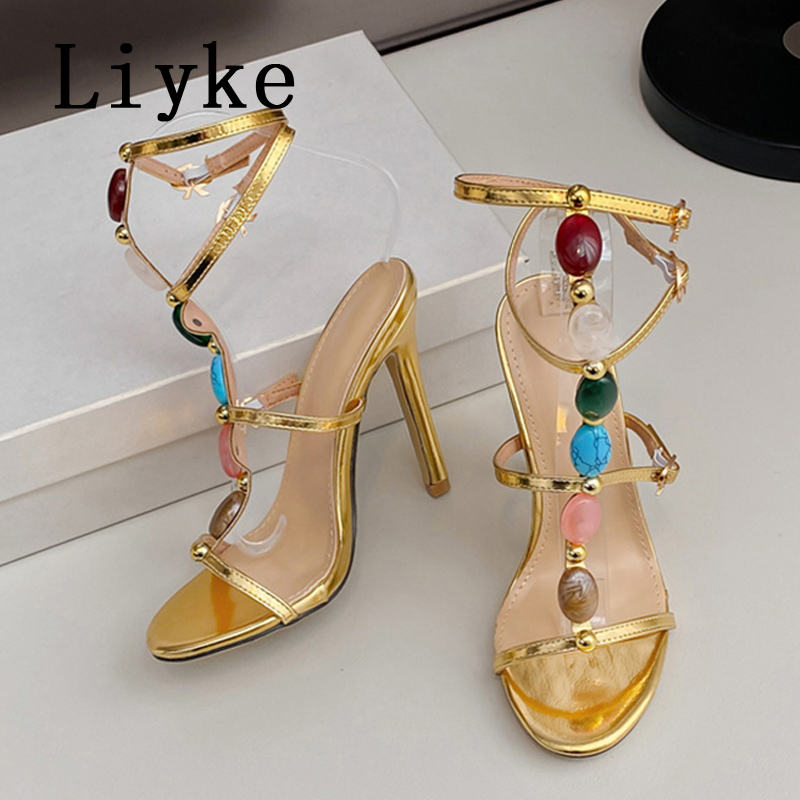 Liyke Summer Fashion Colors Gemstone Narrow Band Women Sandals Summer Open Toe 11.5CM Thin High Heels Wedding Party Dress Shoes