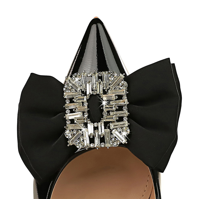 Luxury Kitten High Heels Rhinestone Bowknot Women Pumps Patent Leather Ladies Heels Noble Banquet Shoe Party Shoes Large Size 43