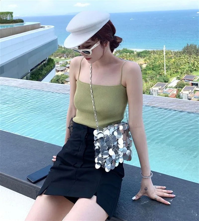 Women Bags er Silver Metal Sequins Chain Woven Bag Evening Bags Clutch Female Travel Holiday Shoulder Bag Handbag 240902