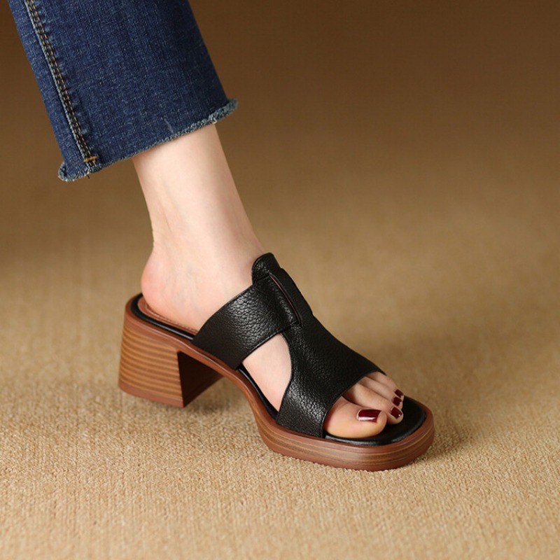 Women's 2024 New Spring/Summer Women Sandals Square Head Thick Sole Waterproof Platform High Heel Open Toe Slippers 4c0b