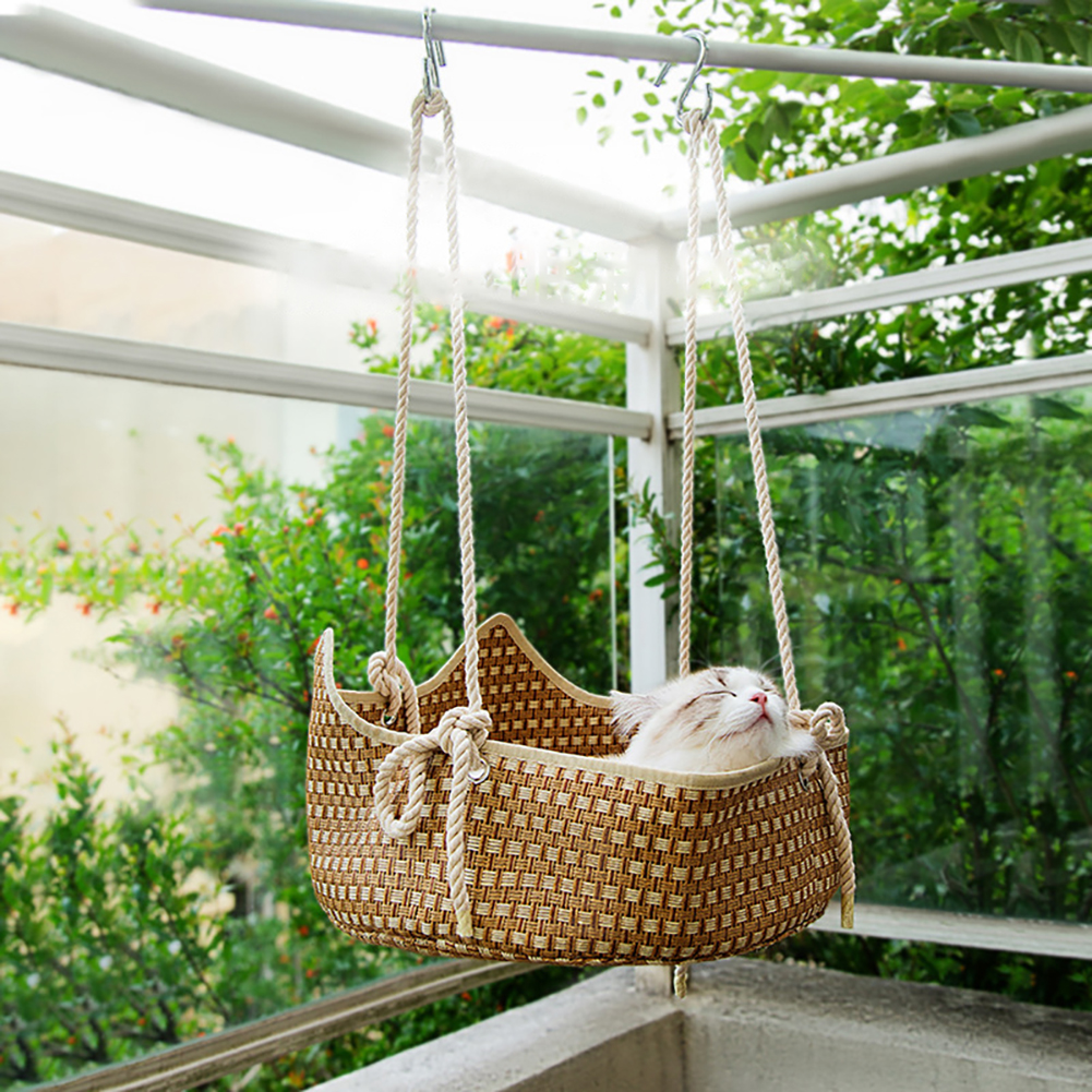 Cat Bed Cat Hammock Bed Hanging Cat Bed Grass Woven Cat Bed, Adjustable Hanging Cat Nest Sleeping Bed With Hook and Ropes