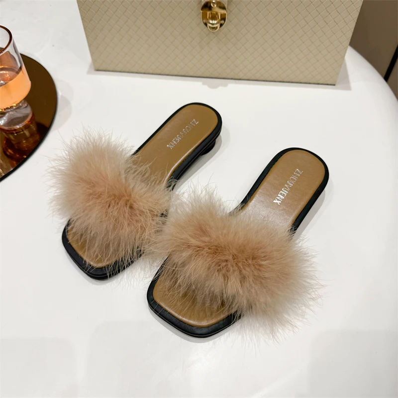 Fluffy Summer Ostrich Feather Slides Women Sandals Flip ps Indoor Slippers Flat Shoes 508d