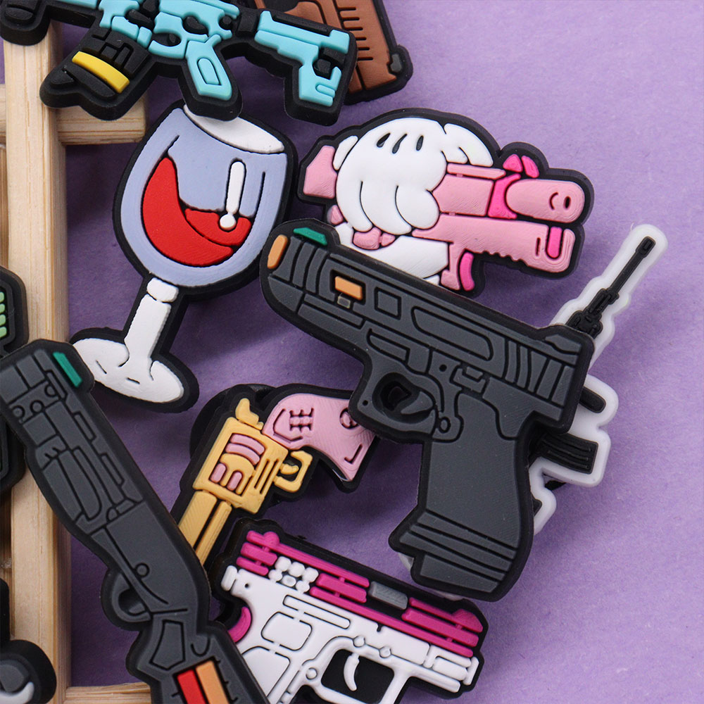 1-32PCS PVC Fashion Shoe Charms Gun Buckle Clog Accessories Hole Slipper Decoration Fit Wristbands Ornaments Kid Party Gift