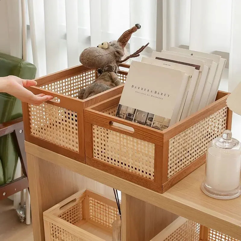 Vintage solid wood storage box desktop Rattan basket book snacks fruit cosmetics organizer box home bathroom kitchen basket 240903