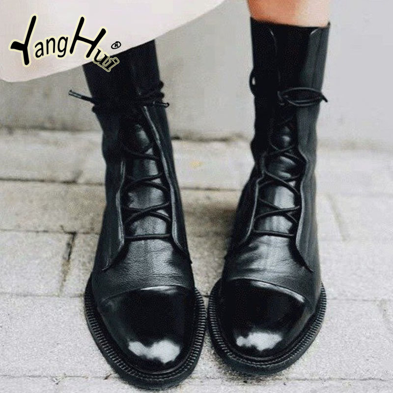 Women's Modern Mid-calf Boots Soft Leather British Style Fashion Lace Big Size Platform Shoes for Women 2023 New Autumn Winter