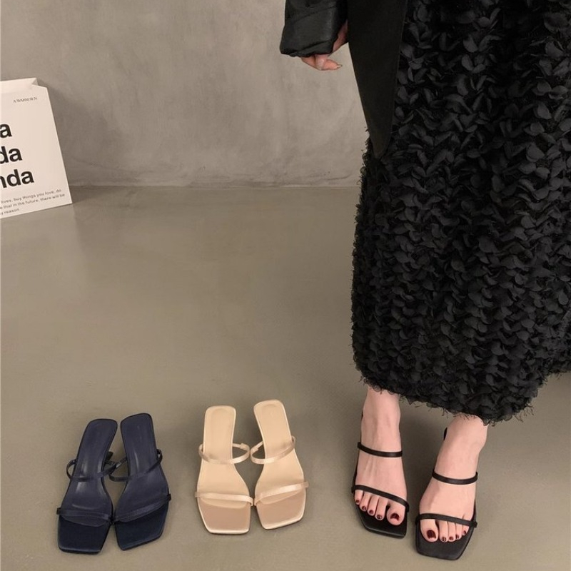 Summer 2024 New Simple Open-toed Thin Strap Wedge Sandals Square Head Sexy High-heeled Roman Slippers Flip ps Blue New Slides 1f5b