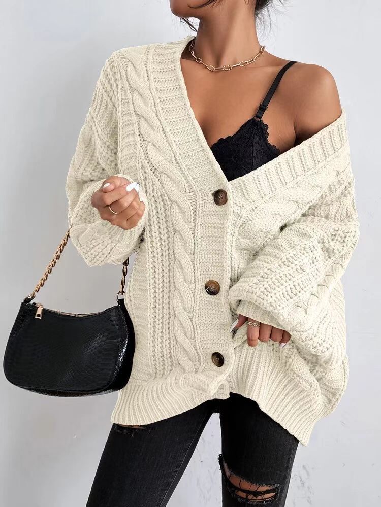 Loose sweater coat women fat autumn winter lazy Fried Dough Twists solid color cardigan V-neck lantern sleeve