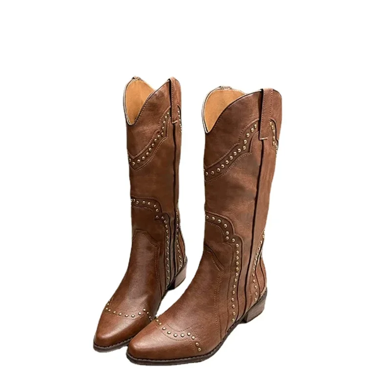 2025 Rivet Retro Mid Calf Cowboy for Women 2024 Autumn Chunky Heels Western Boots Woman Slip on Pointed Toe Cowgirl Boras